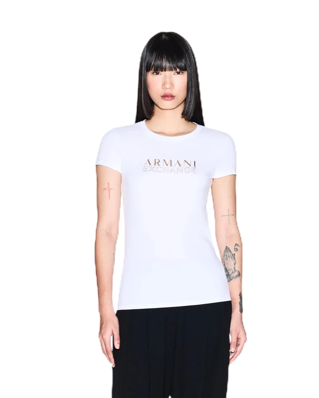 Armani Exchange Women's Salin De Giraud, Gold Logo Lettering T-Shirt, White (Optic White), XL