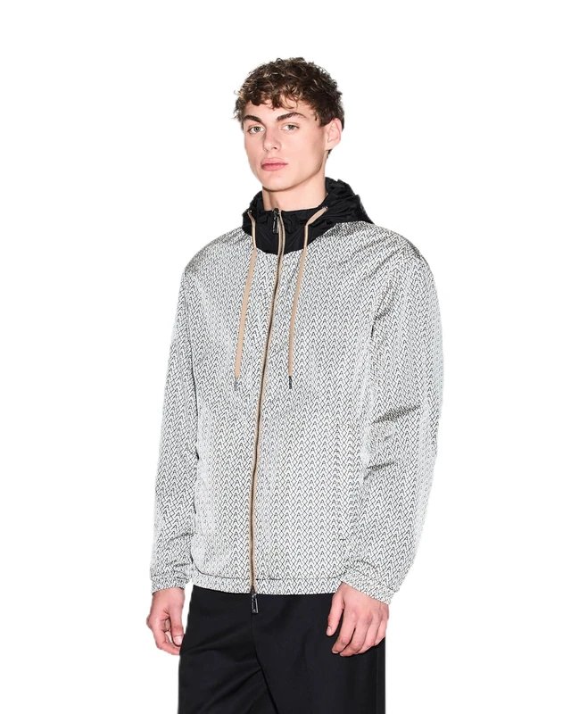 Armani Exchange Men's One Block Up, All Over Monogram, Printed Logo Windbreaker, Cream Ax All-Over/Black, M