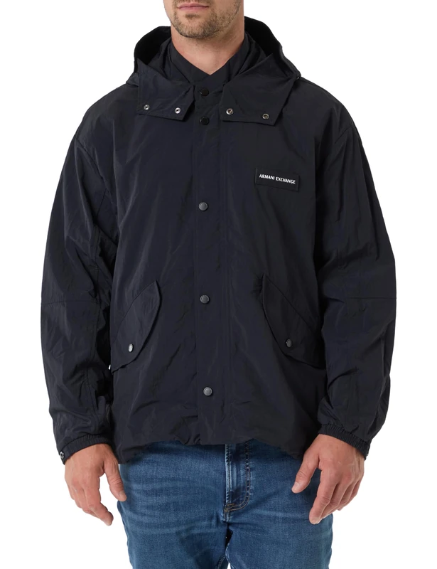 Armani Exchange Men's Embroidered Logo Patch, Metal Buttons, Front Pockets Windbreaker, Deep Navy, M