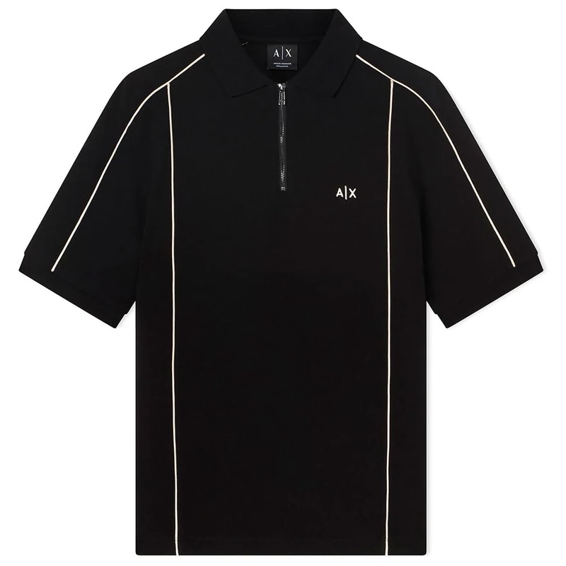 Armani Exchange Men's 3D Embroidered Logo Half Silver Zip Body Sleeve Stripes Polo Shirt, Black, S