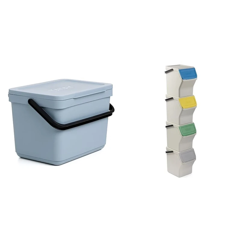 TATAY Kitchen Bin Set | 1 Smart Food Waste Caddy 6L Blue Without Bracket + 4 Easy Waste Recycling Bins 20L White | Compact & Modular Design | Click-Lid System | Made from Recycled Material