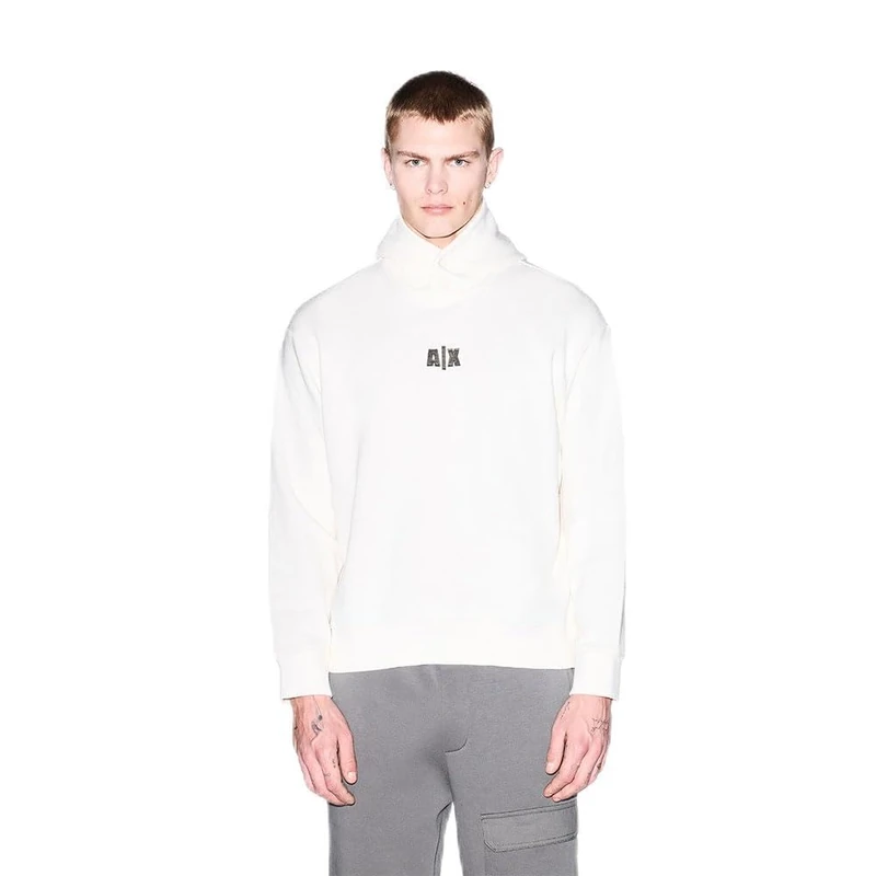 Armani Exchange Men's Front Back Embroidered Logo Buttoned Hoodie Hooded Sweatshirt, Cream, S