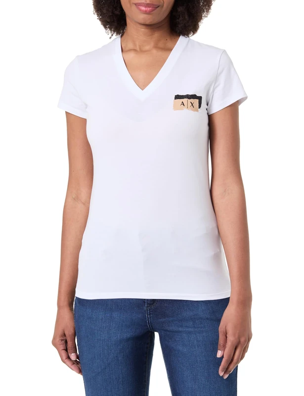 Armani Exchange Women's Salin de Giraud, Shiny Colour Contrast Logo T-Shirt, White, XXL