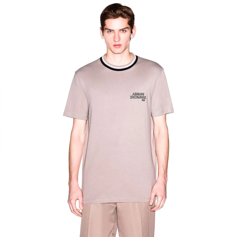 Armani Exchange Men's One Block Up, Ribbed Crewneck with Contrast Color, Embroidered Logo T-Shirt, Driftwood, S