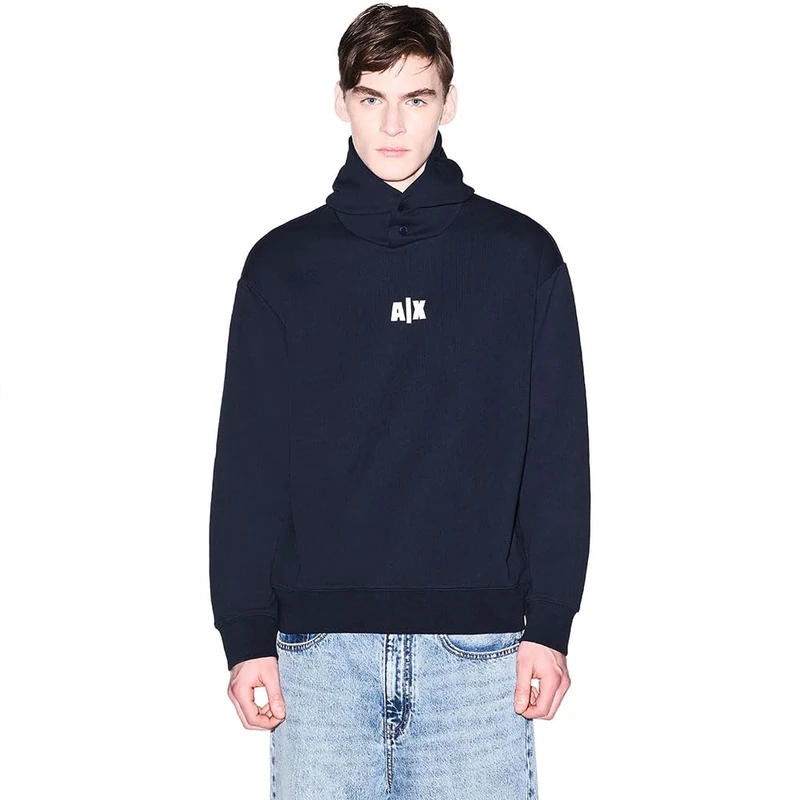 Armani Exchange Men's Front Back Embroidered Logo Buttoned Hoodie Hooded Sweatshirt, deep Navy, L
