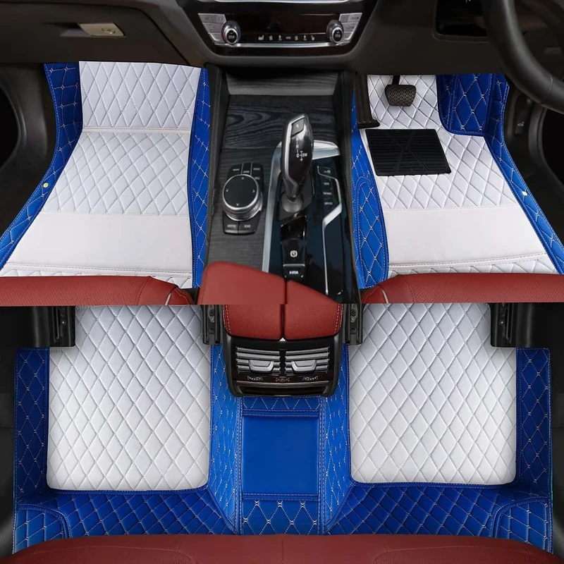Custom Luxury Car Floor Mats Suitable for All Sedans, Sports Cars,SUV, Business Vehicles, Trucks, Waterproof and Anti Slip Fully Covered Leather Floor Mats (Blue and White)