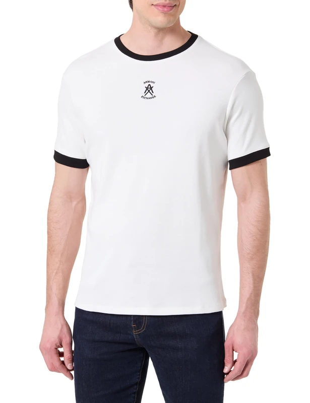 Armani Exchange Men's One Block Up, Neck/Sleeves and Embrodered Logo in Color Contrast T-Shirt, Off White, XS