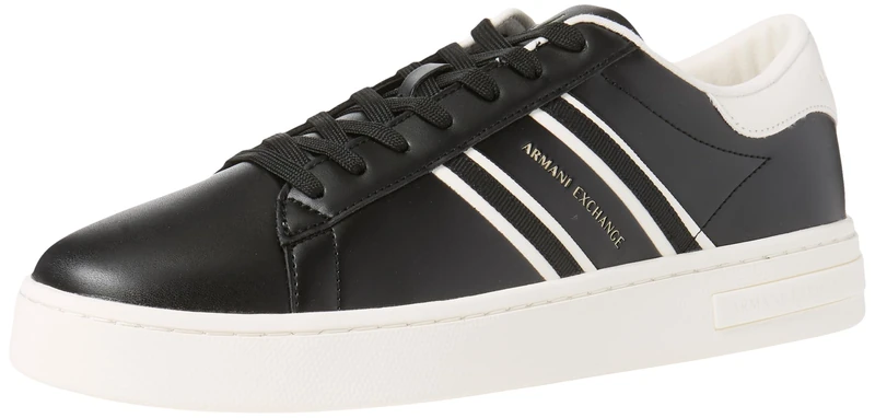 Armani Exchange Men's London, Side Stripes, Colour Contrast Trainers, Black + Off White, 45 EU