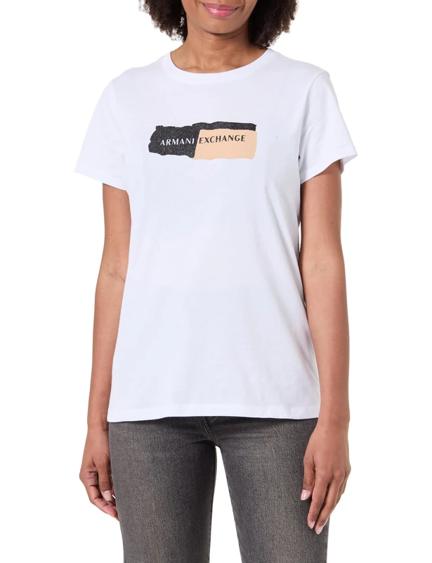 Armani Exchange Women's Salin de Giraud, Shiny Colour Contrast Logo T-Shirt, White, M