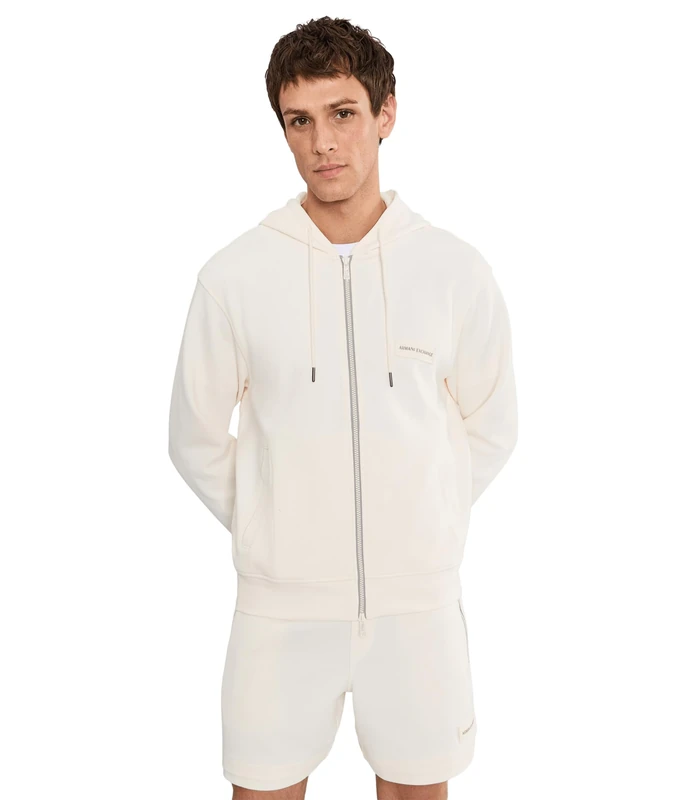 Armani Exchange Men's Plain Boxy Fit, Embroidered Patch Logo, Metal Zip Hooded Sweatshirt, Cream, L