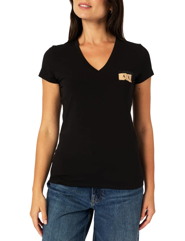 Armani Exchange Women's Salin de Giraud, Shiny Colour Contrast Logo T-Shirt, Black, M