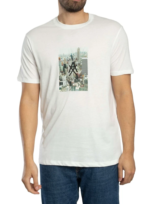 Armani Exchange Men's One Block Up, Front Logo with Rubbed Photo Print T-Shirt, White, XS