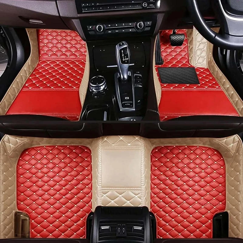Custom Luxury Car Floor Mats Suitable for All Sedans, Sports Cars,SUV, Business Vehicles, Trucks, Waterproof and Anti Slip Fully Covered Leather Floor Mats (Beige and Red)