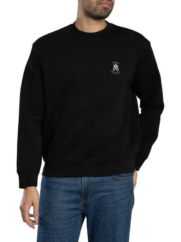 Armani Exchange Men's One Block Up, Color Contrast Embroiderd Logo Sweatshirt, Black, XL