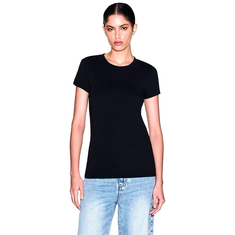 Armani Exchange Women's Rhine Stone Logo Tone On Tone Simple T-Shirt, Black, S - Image 1