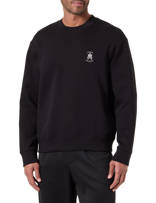 Armani Exchange Men's One Block Up, Color Contrast Embroiderd Logo Sweatshirt, Black, L