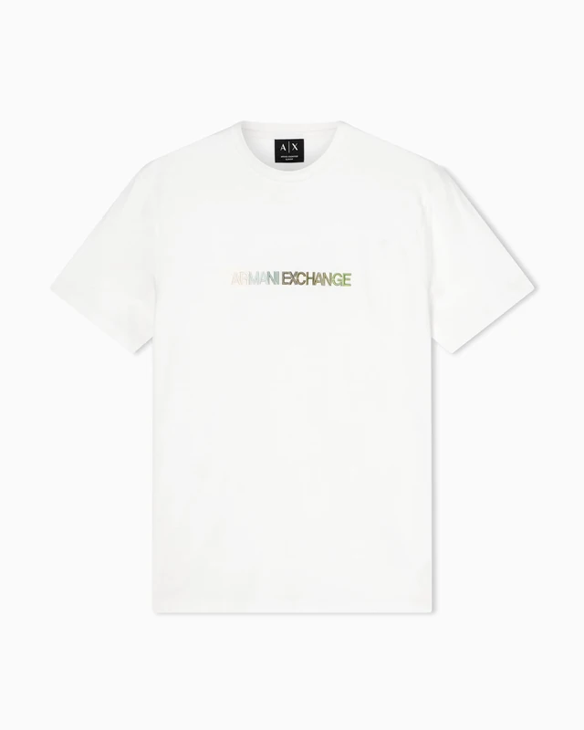 Armani Exchange Men's 3D Embroidered Multicoloured Logo T-Shirt, Off White, S