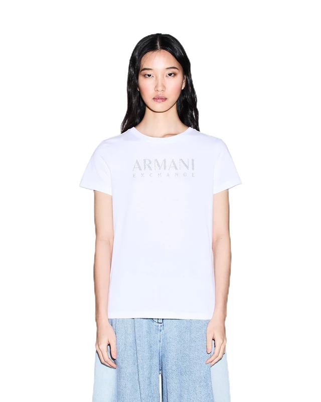 Armani Exchange Women's Rhine Stone Big Tone Logo Simple T-Shirt, White (Optic White), XL
