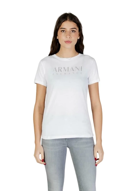Armani Exchange Women's Rhine Stone Big Tone On Tone Logo Simple T-Shirt, Off White, S