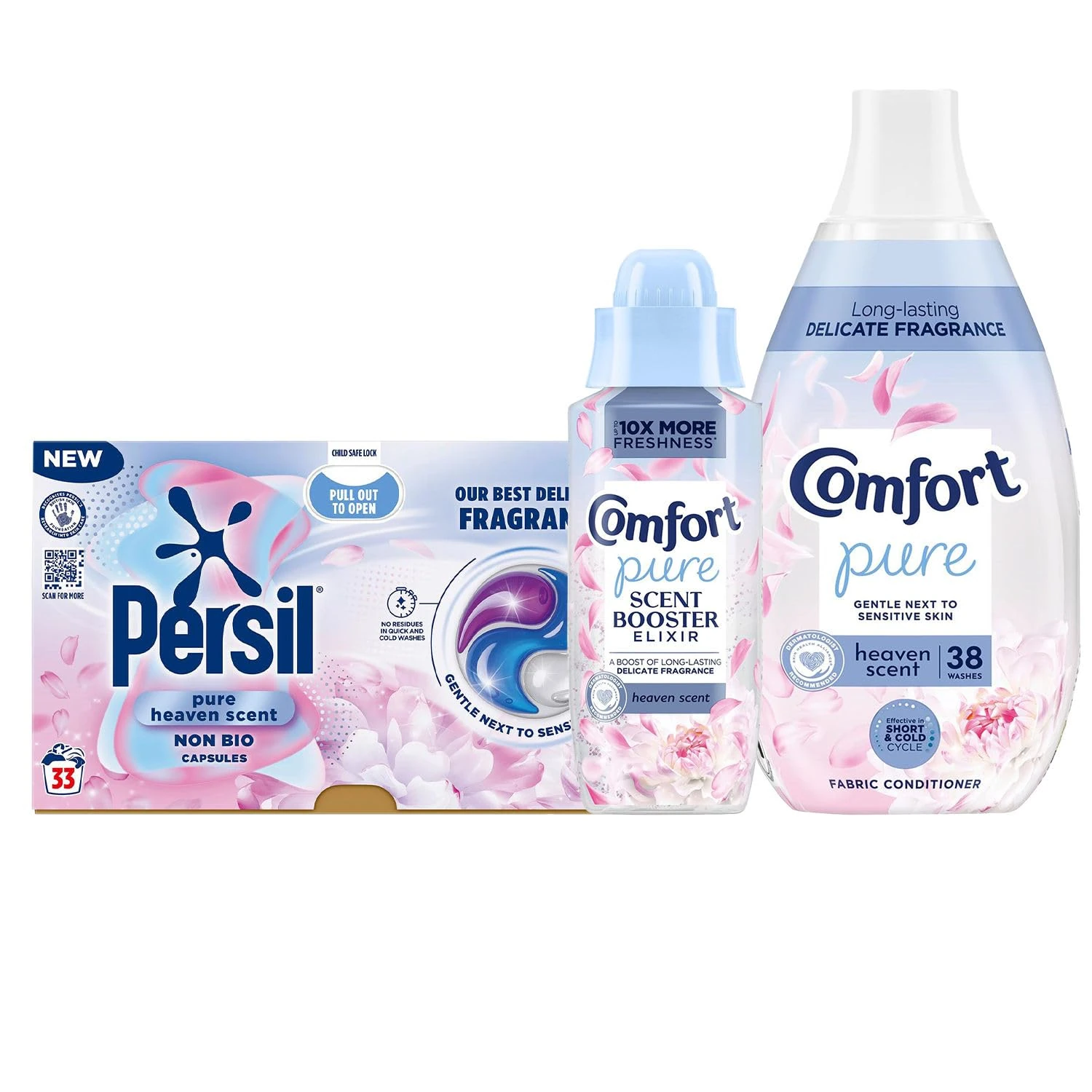 Pure Heaven Scent Laundry Care Bundle – Fabric Conditioner (38 Wash), Scent Booster Elixir (342ml), Persil Capsules(33 Wash), Long-Lasting Fragrance, Gentle & Fresh Laundry Care