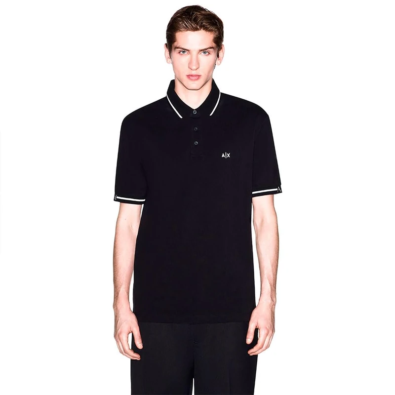 Armani Exchange Men's 3D Embroidered Sleeves Logo Bicolor Collar Polo Shirt, Black, M