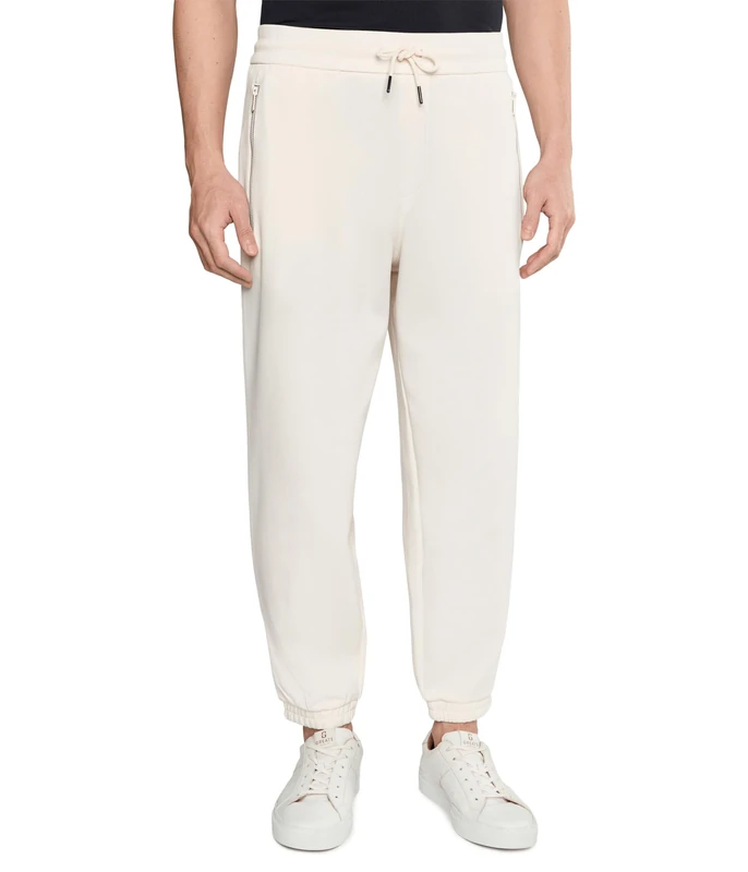 Armani Exchange Men's Drawstring, Gold Zip, Back Pockets Sweatpants, Cream, XL