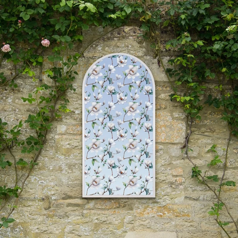 MirrorOutlet The Typis - White Metal Frame Edged Modern Round Arch Edge Garden Wall Mirror With Flower Printed Decal 47" x 24" (120CM X 60CM)
