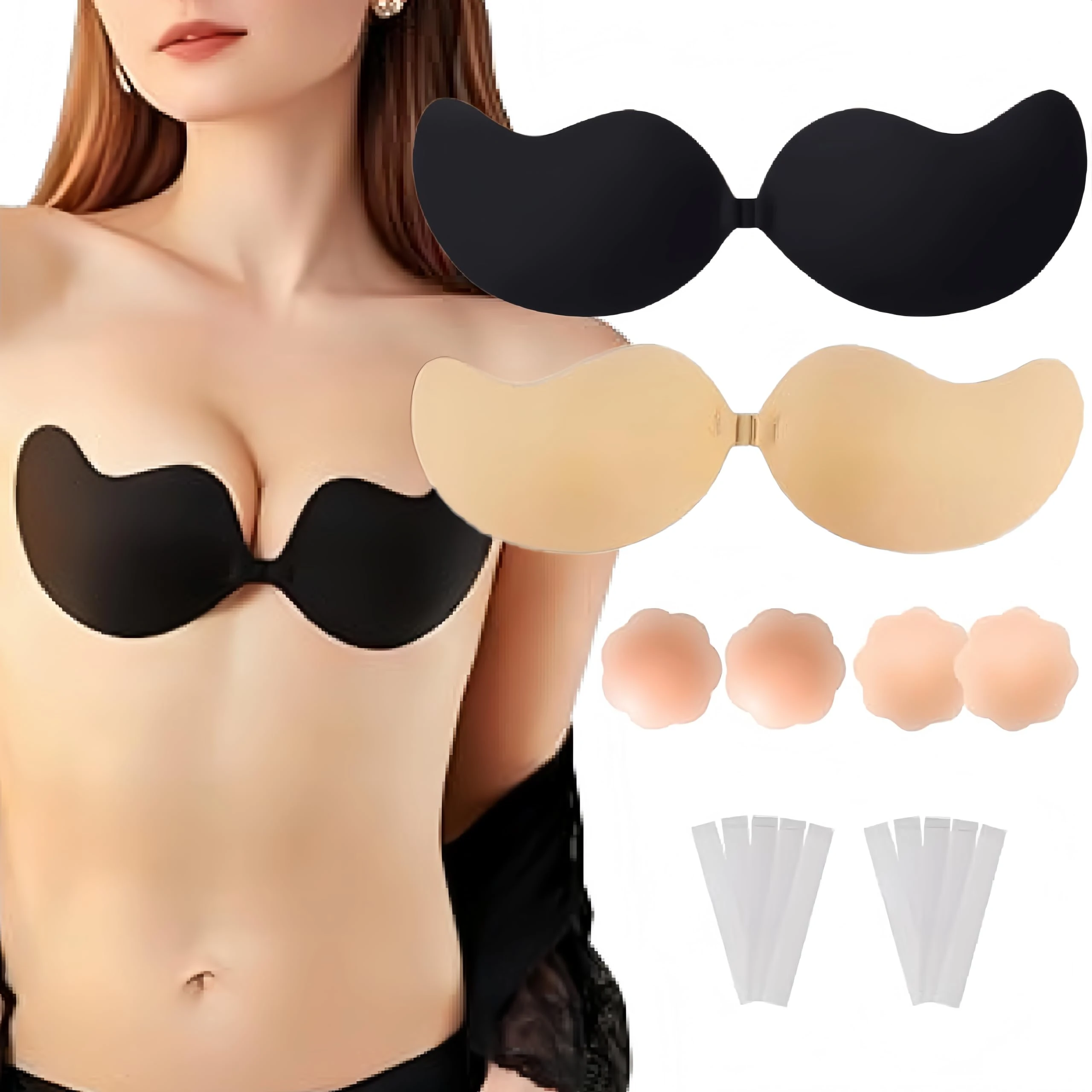 HuaCommerce 2 Pack Sticky Bra Push Up for Women – Strapless Backless Adhesive Bra with Nipple Covers & Tape for Backless Dresses, Weddings & Swimwear