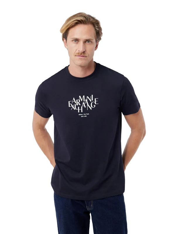 Armani Exchange Men's 3D Printed Front Logo Plain T-Shirt, Blue, XL