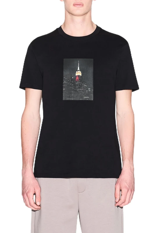 Armani Exchange Men's One Block Up, Front Logo with Rubbed Photo Print T-Shirt, Black, XS