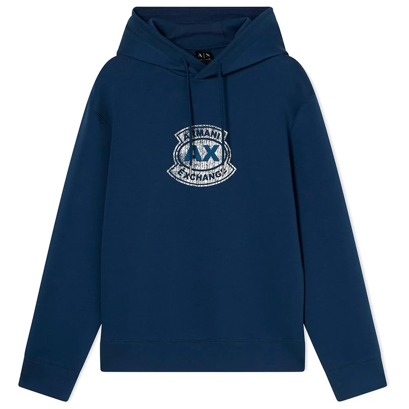 Armani Exchange Men's Printed, Front Vintage Logo, No Zip Hooded Sweatshirt, Dress Blues, XL
