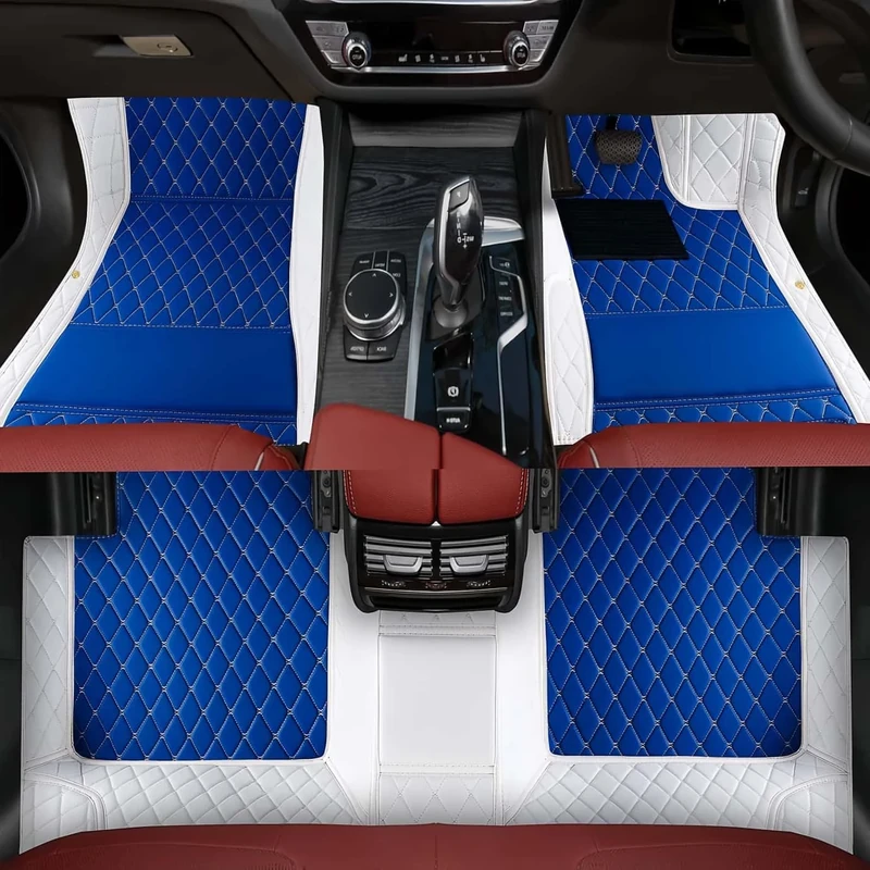 Custom Luxury Car Floor Mats Suitable for All Sedans, Sports Cars,SUV, Business Vehicles, Trucks, Waterproof and Anti Slip Fully Covered Leather Floor Mats (White and Blue)