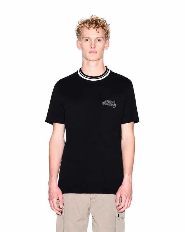 Armani Exchange Men's One Block Up, Ribbed Crew Neck with Contrast Colour, Embroidered Logo T-Shirt, Black, S