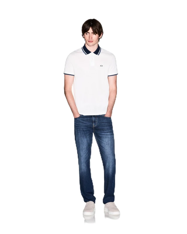 Armani Exchange Men's 3D Embroidered Logo Back Collar Logo Polo Shirt, Off White, L