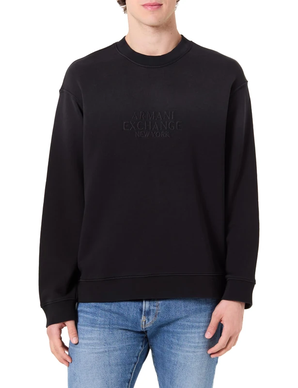 Armani Exchange Men's One Block Up, Tone on Tone Embroidered Logo, Sweatshirt, Black, M