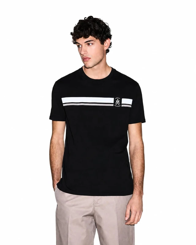 Armani Exchange Men's One Block Up, Colour Contrast Banding, Embroidered Logo T-Shirt, Black, XS