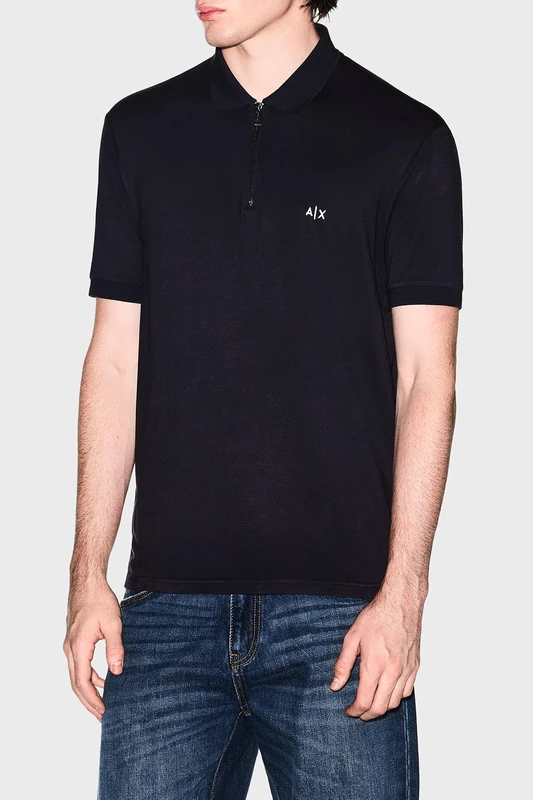 Armani Exchange Men's 3D Embroidered Logo Half Silver Zip Polo Shirt, deep Navy, XS