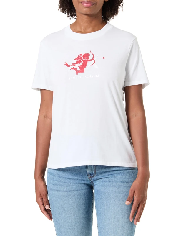 Armani Exchange Women's Red Cupido Glitter Print Backtone On Tone Logo T-Shirt, White (Optic White), L