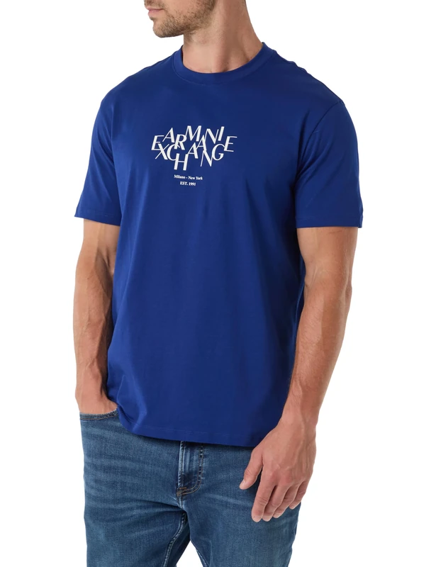 Armani Exchange Men's 3D Printed Front Logo Plain T-Shirt, Blue, XL