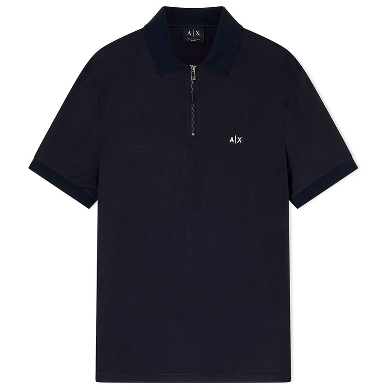 Armani Exchange Men's 3D Embroidered Logo Half Silver Zip Polo Shirt, Blue, M - Image 1