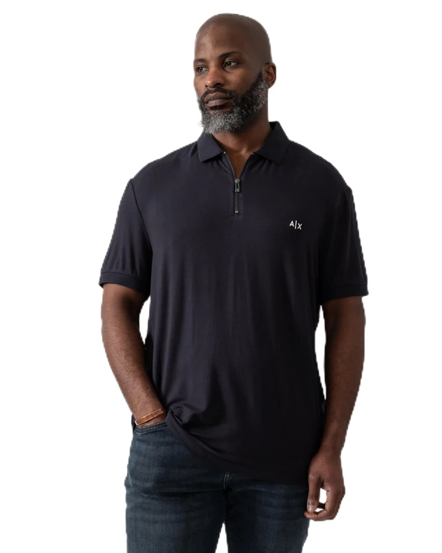 Armani Exchange Men's 3D Embroidered Logo Half Silver Zip Polo Shirt, Off White, XL