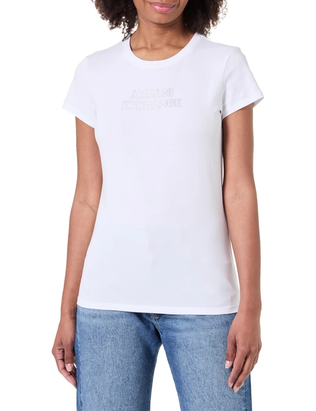 Armani Exchange Women's Rhine Stone Logo Tone On Tone Simple T-Shirt, Off White, XXL