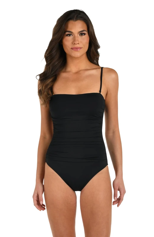 La Blanca Women's One Piece Swimsuit Bandeau Tummy Control Bathing Suit, Black, 4