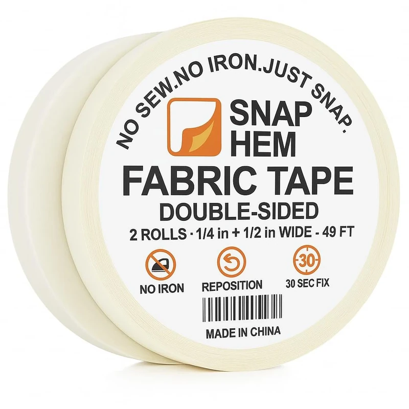 SNAPHEM Double-Sided Fabric Tape (2 Rolls) - No Sewing No Ironing Required, Perfect for Quick Clothing Repairs, Fabric Bonding, Adhesive Cloth Tape for Hemming and DIY Crafts (1/4inch+1/2inch
