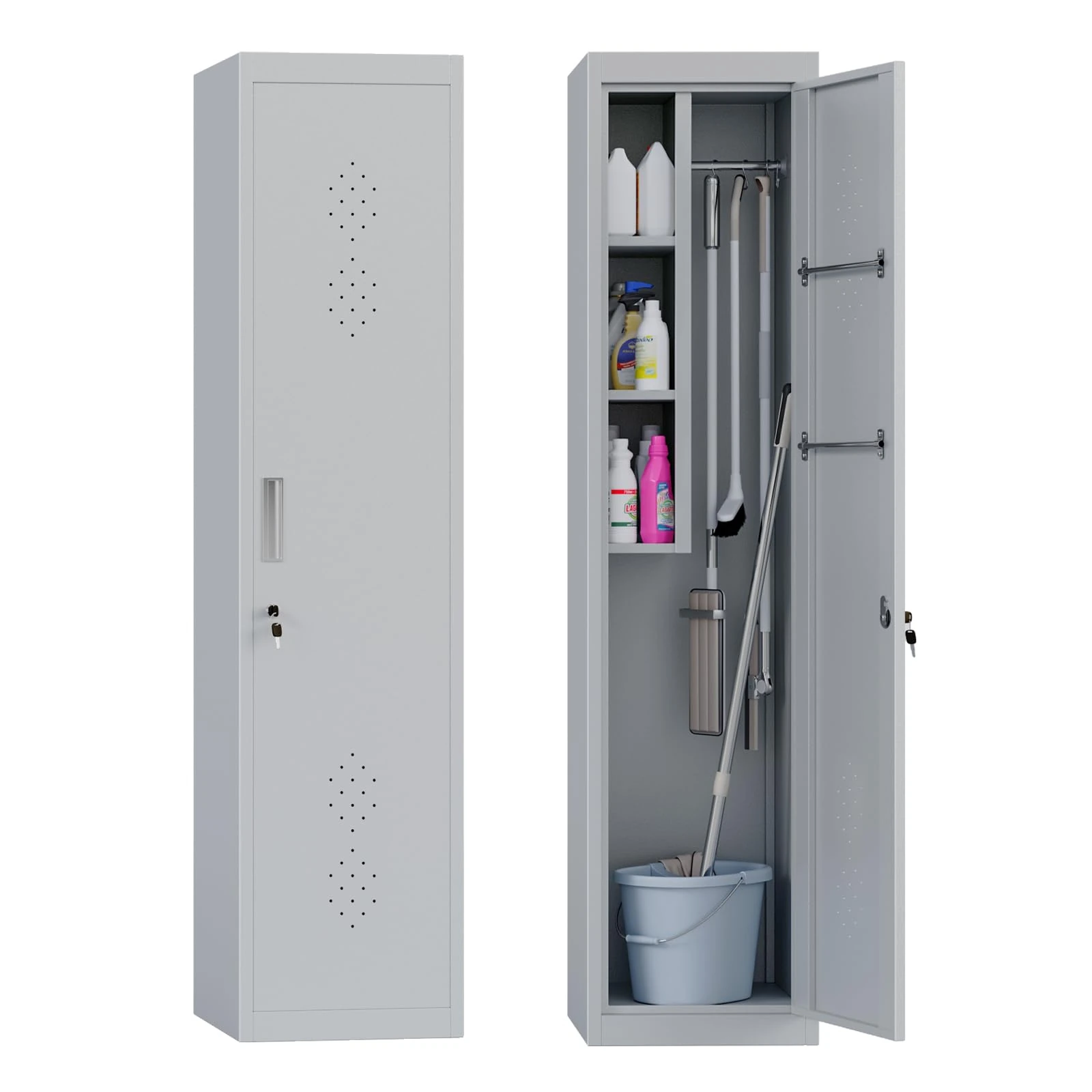 71"Broom Closet Storage Cabinet, Metal Storage Cabinet with Lockable Door, Utility Closet for Brooms and Mops, Cleaning Tool Cabinets for Garage, Laundry Room, Bathroom,Workshop,Home Office(1 Door）