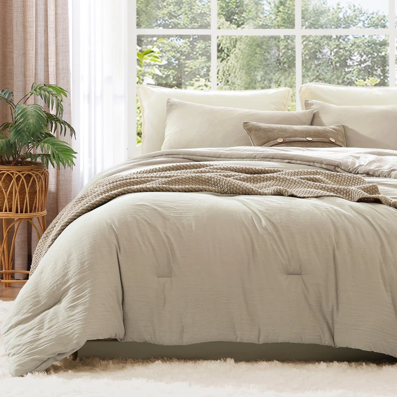 WRENSONGE Queen Bedding Set - 3 Pieces Prewashed Light Oatmeal Bedding Set Soft Lightweight All Season Down Alternative Queen Size with 2 Pillowcases