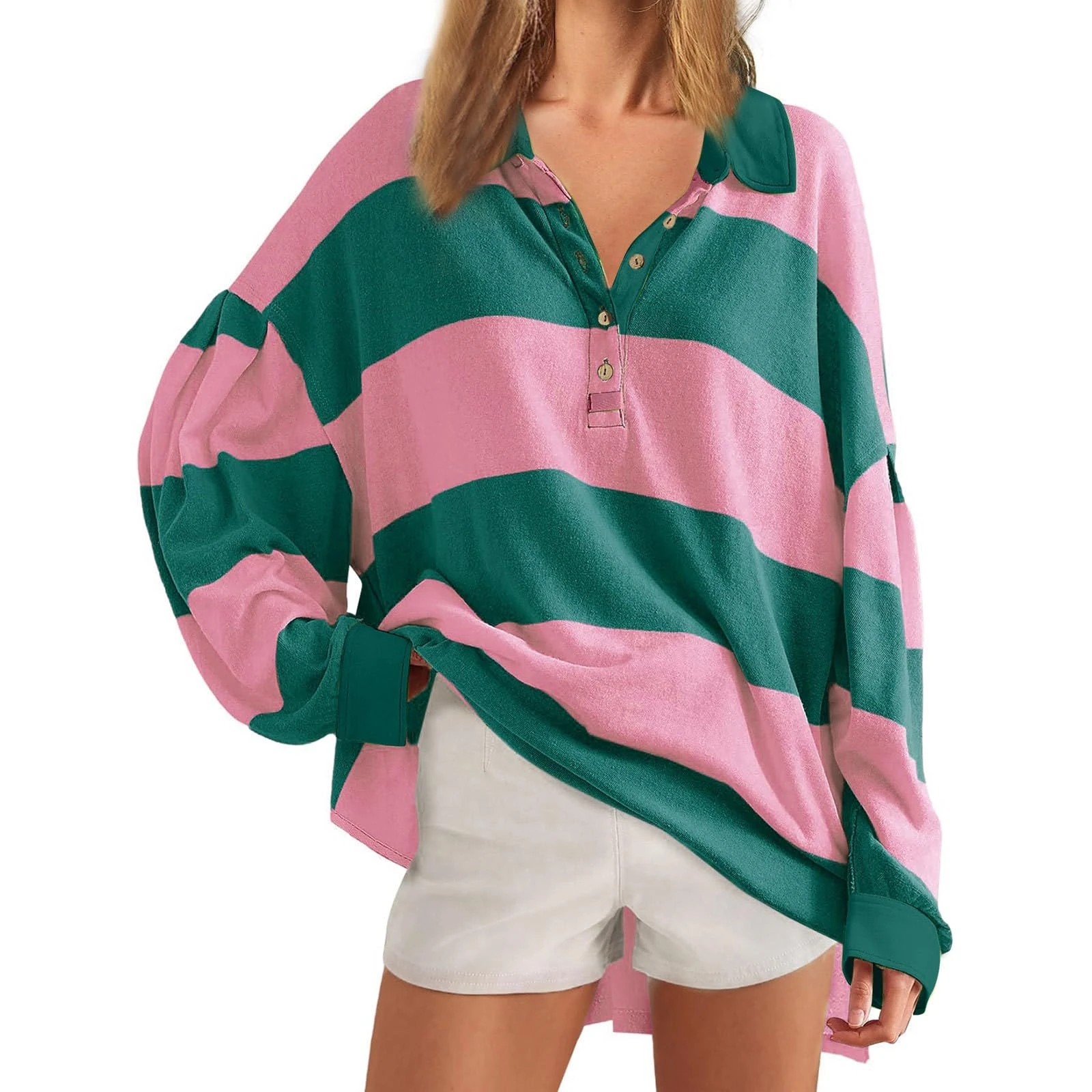 Women Long Sleeve Striped Polo Shirt Pullover T Shirt Oversized-Collar Y2K Casual Loose Streetwear Rugby Sweatshirt Half-Button Ladies Sweatshirts Without Hood Long Sleeve Tops Pink