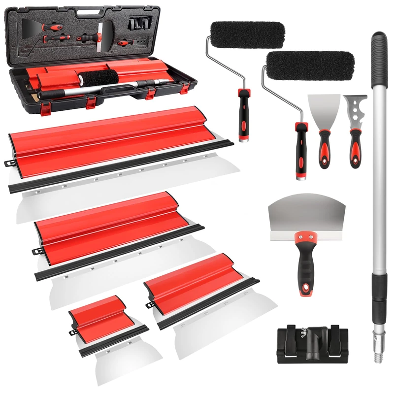 suokoun Drywall Skimming Blade Set with Case, 10"，16", 24" and 32" Stainless Steel Skimming Blades, Compound Rollers, 28"-62" Extension Handle, Putty Knives, and Arc Scraper for Concrete Finishes Wal