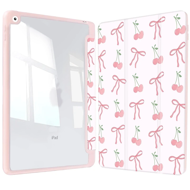 Vozehui 11/10.9 inch Bow Cherry Case for iPad 11/10th Generation 2025/2022 Case with Clear Back Shell w/Pencil Holder,Tri-fold Stand Protective Cover w/Auto Sleep Wake