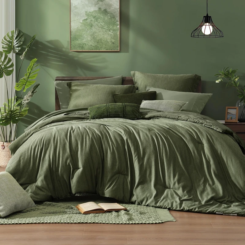 Monbix Oversized Queen Comforter Set Olive Green 7 Pieces Bed in a Bag